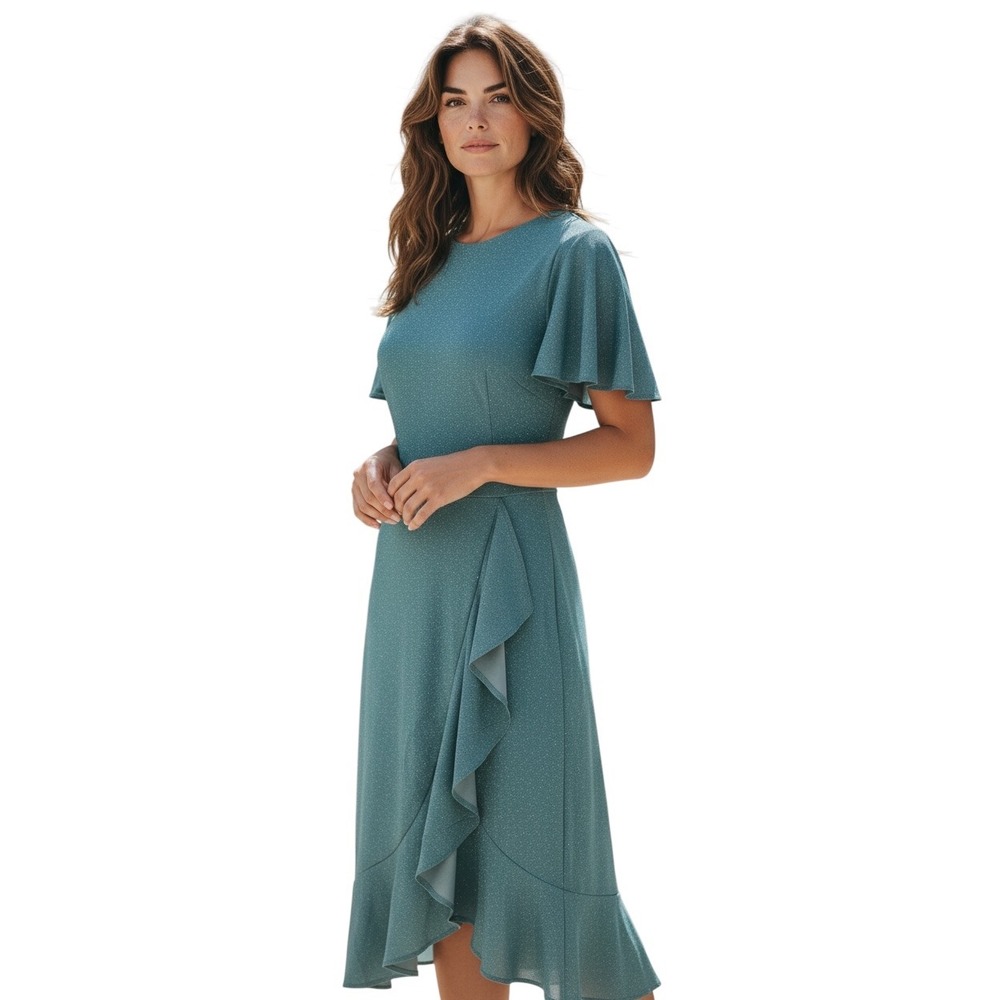 BeryLove Womens Teal Shimmer Metallic Ruffle Faux Wrap Maxi Dress Size 12 14